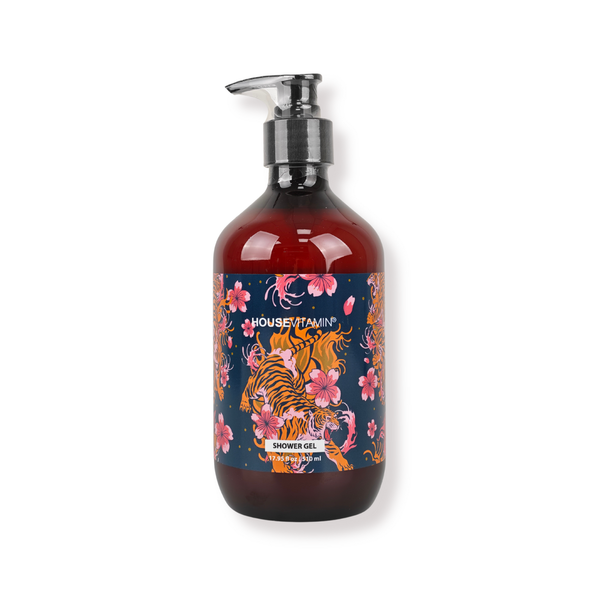 Vegan douchegel Hout & Salie van Housevitamin, pompfles met tijgerprint