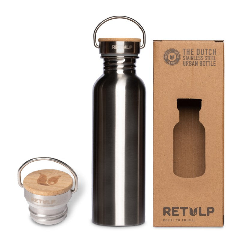 Drinkfles Urban van 750 ml in staal met de dop en de doos van Retulp