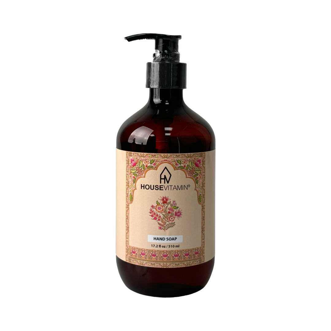 Vegan handzeep Amber van Housevitamin, bruine pompfles met bloemenornament
