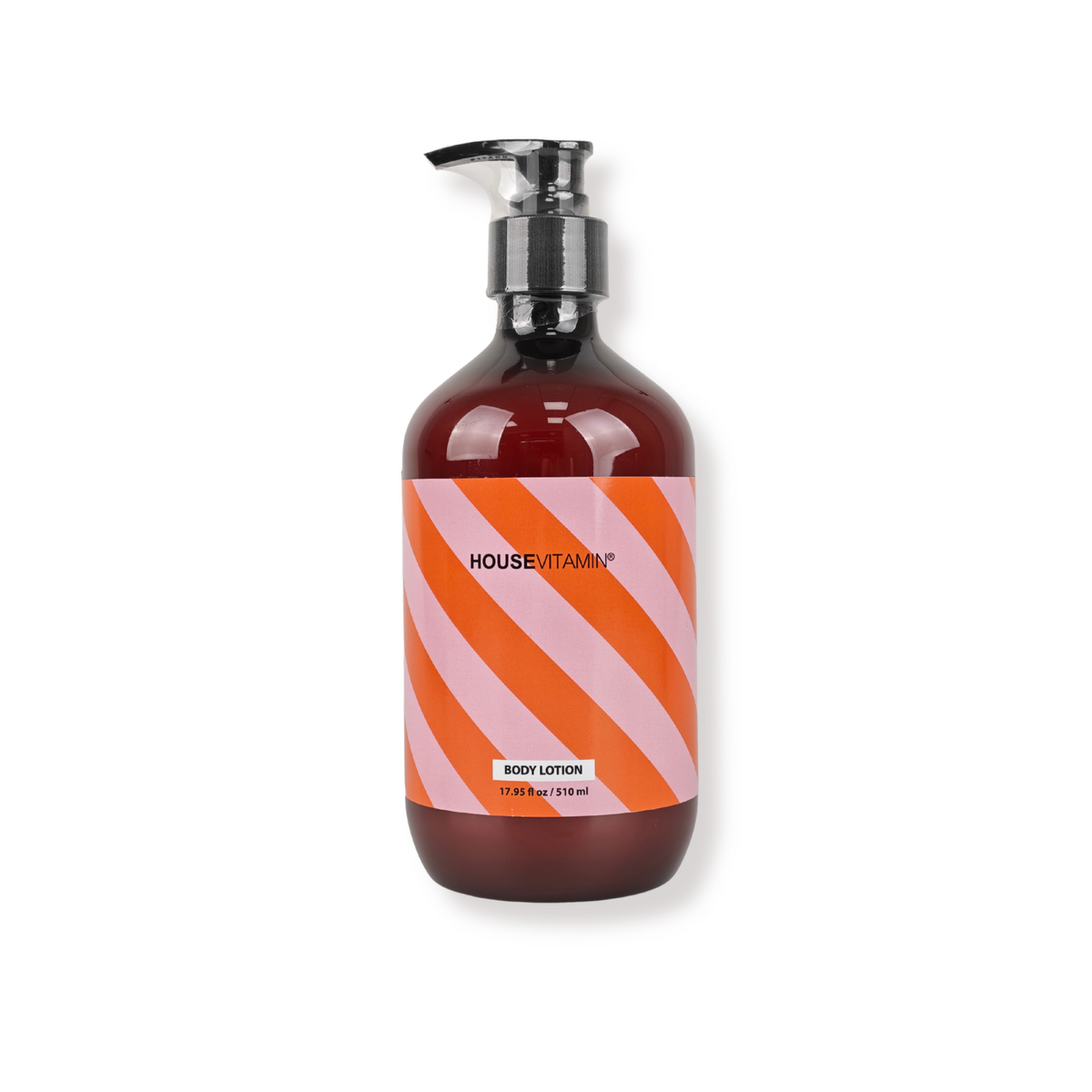 Vegan bodylotion Groene thee van Housevitamin, bruine pompfles van 510 ml met oranje-roze gestreept etiket