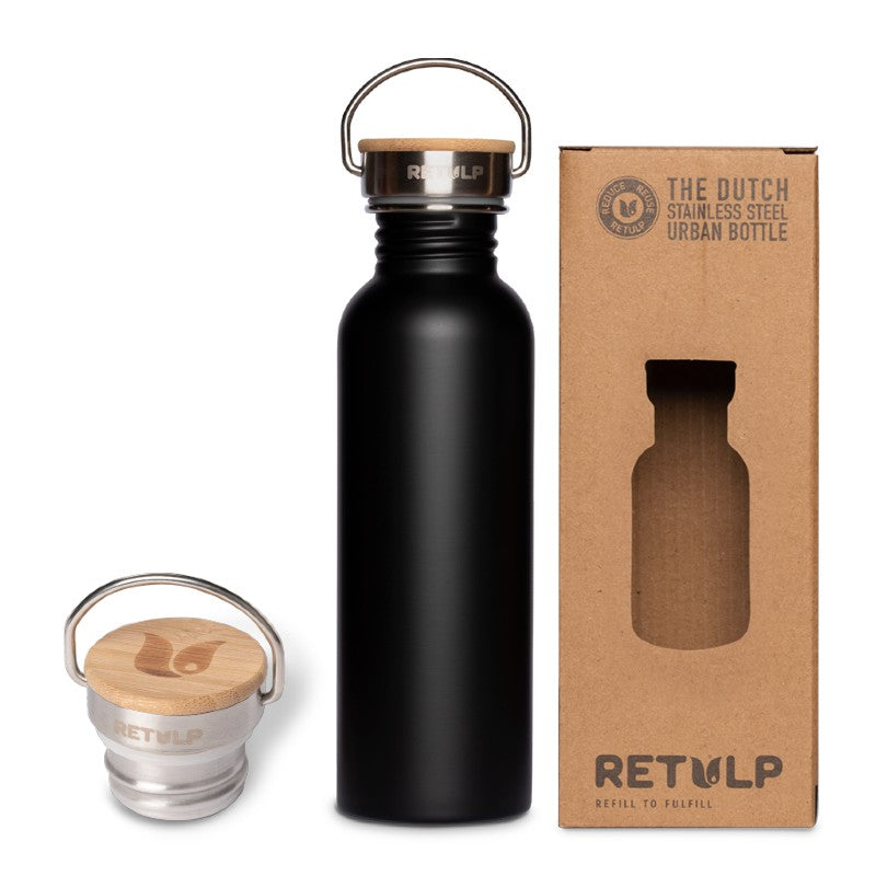 Drinkfles Urban van 750 ml in zwart met de dop en de doos van Retulp