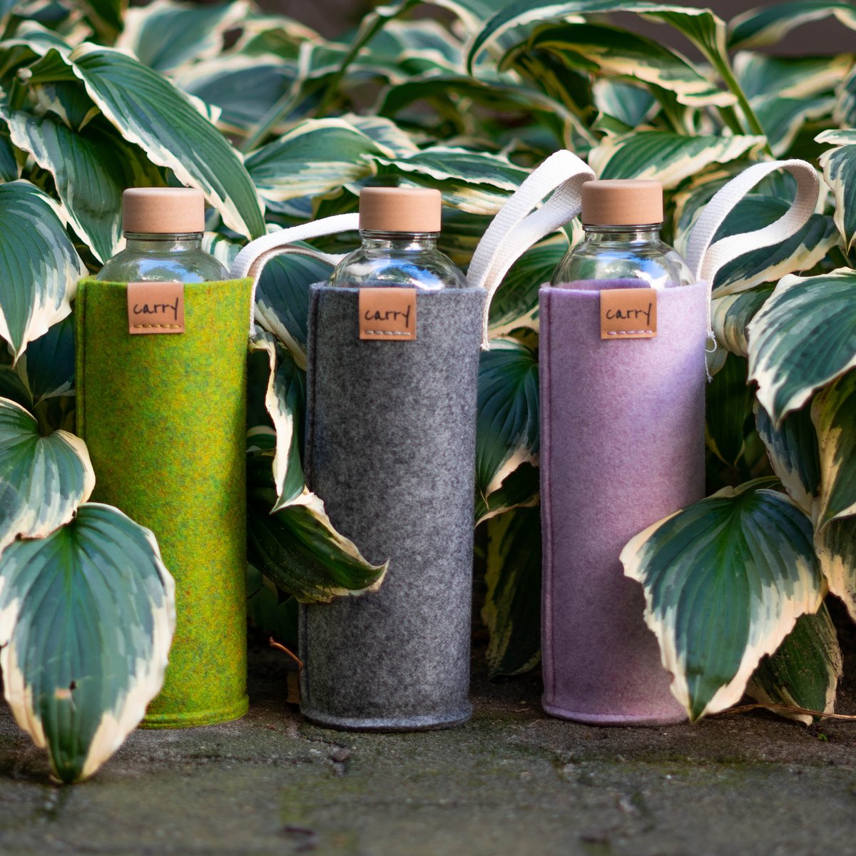 Drinkflessen in vilten beschermhoezen in verschillende kleuren tussen planten