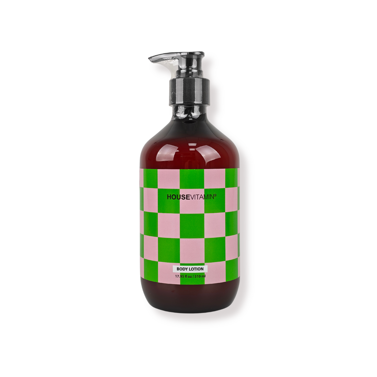 Vegan bodylotion Komkommer van Housevitamin, bruine pompfles van 510 ml met lichtgroen-roze geblokt etiket