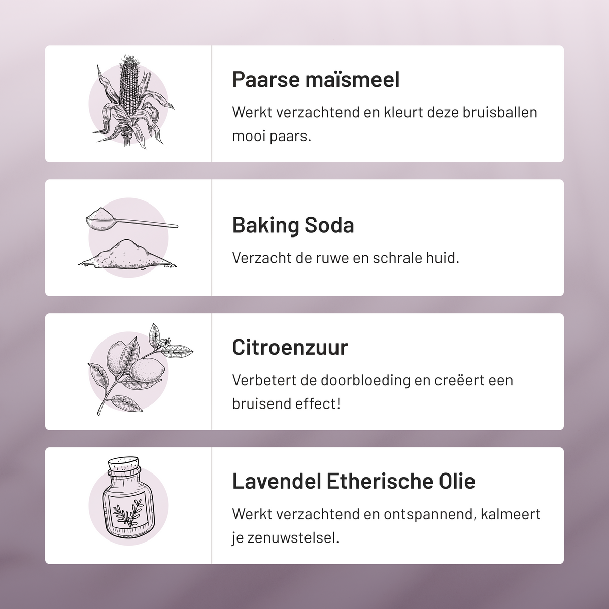 Overzicht van de ingrediënten: paars maïsmeel, baking soda, citroenzuur en lavendelolie
