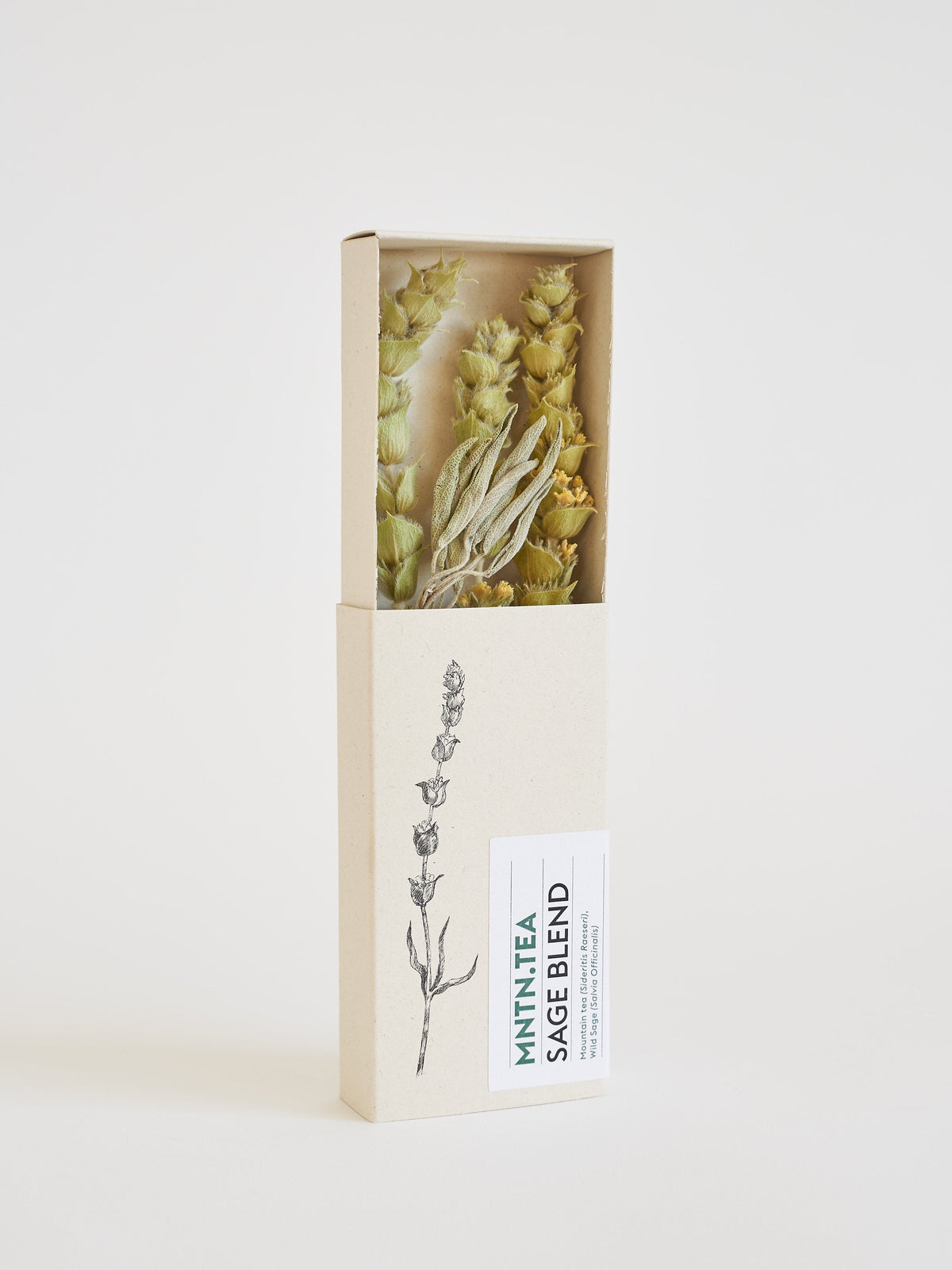 Open mini-doosje Sage Blend van Lemon Poppy met hele stengels bergthee en salieblaadjes