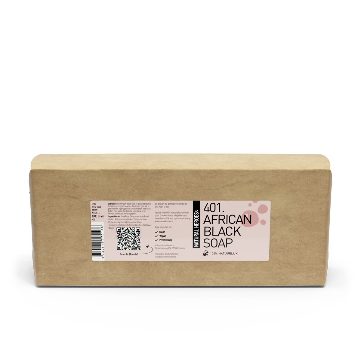 African Black Soap van Natural Heroes, blok van 1000 gram in een papieren wikkel