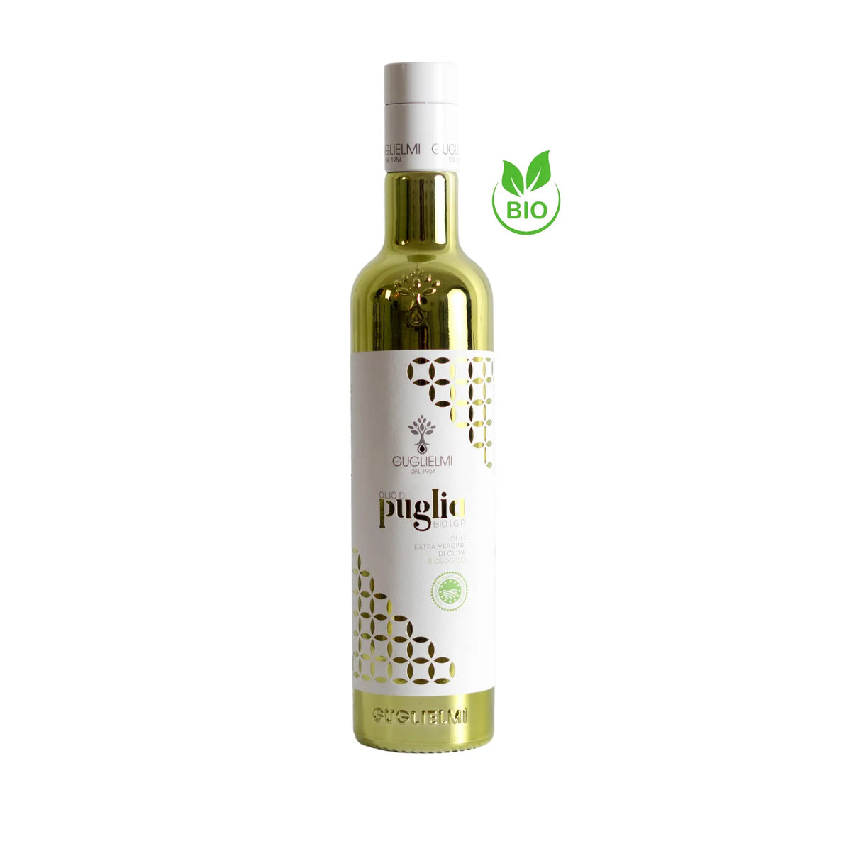 Fles biologische olijfolie van Guglielmi met etiket