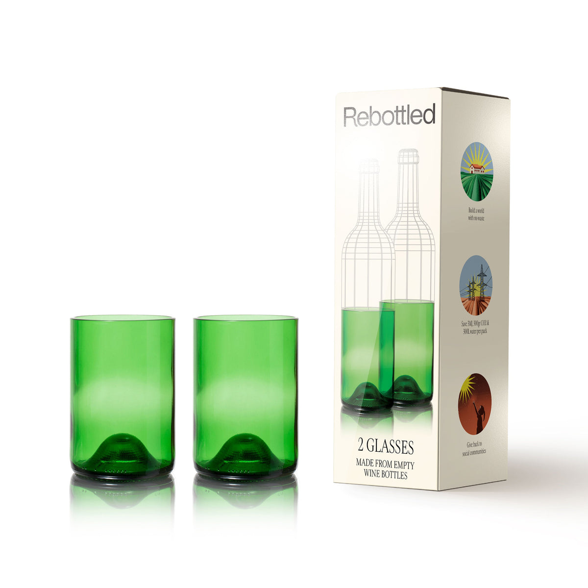 Twee flessengroene drinkglazen van Rebottled naast de verpakking