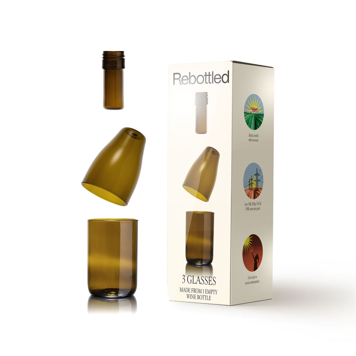 Drie olijfgroene glazen van Rebottled naast de verpakking: tumbler, stapelbaar glas en shotglas
