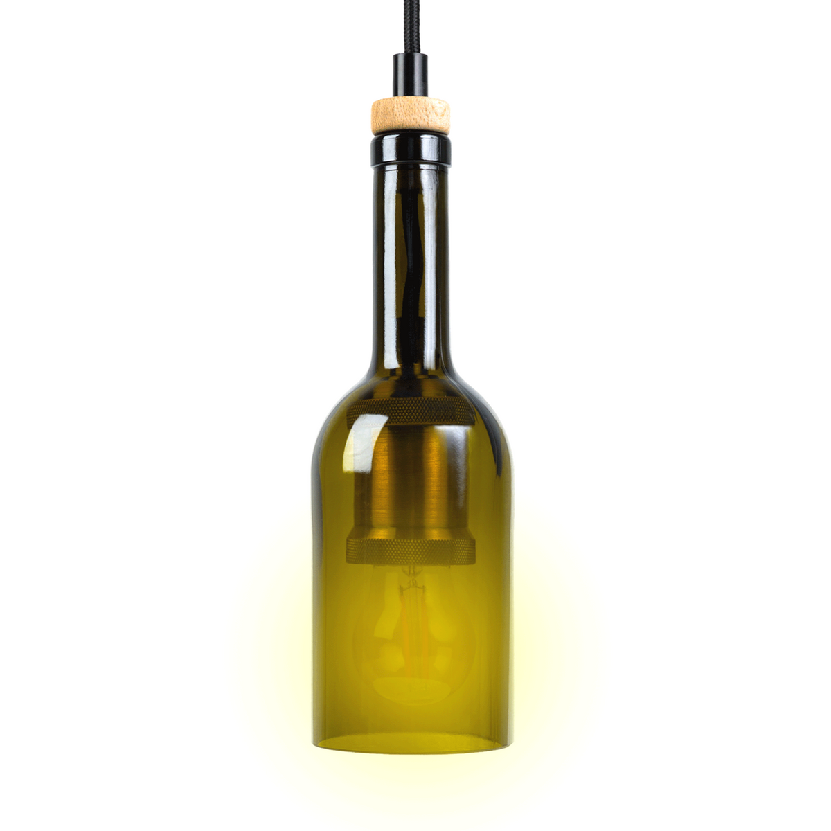 Olijfgroene hanglamp van een wijnfles met de lamp aan