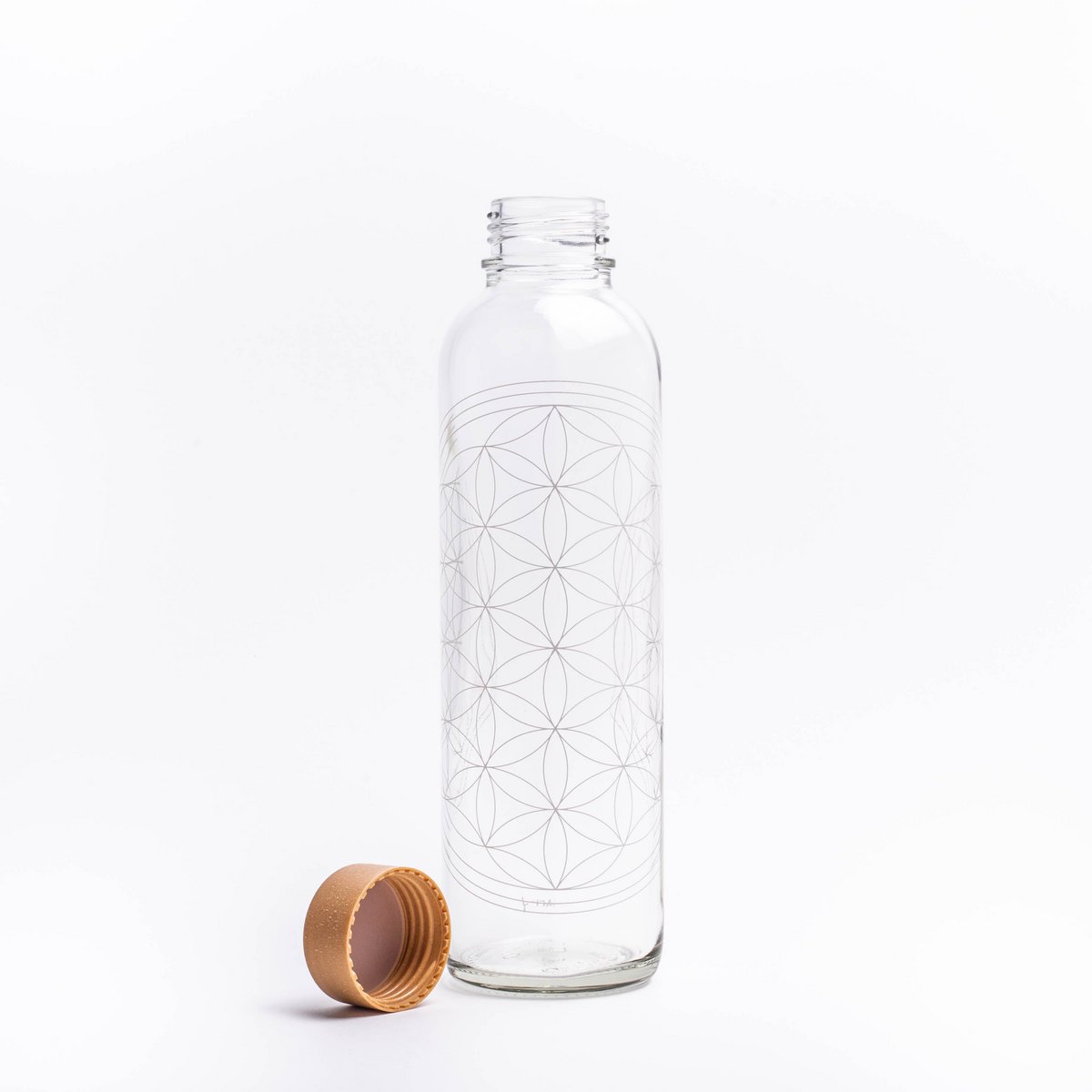 Drinkfles Flower of Life, open, met de dop ernaast
