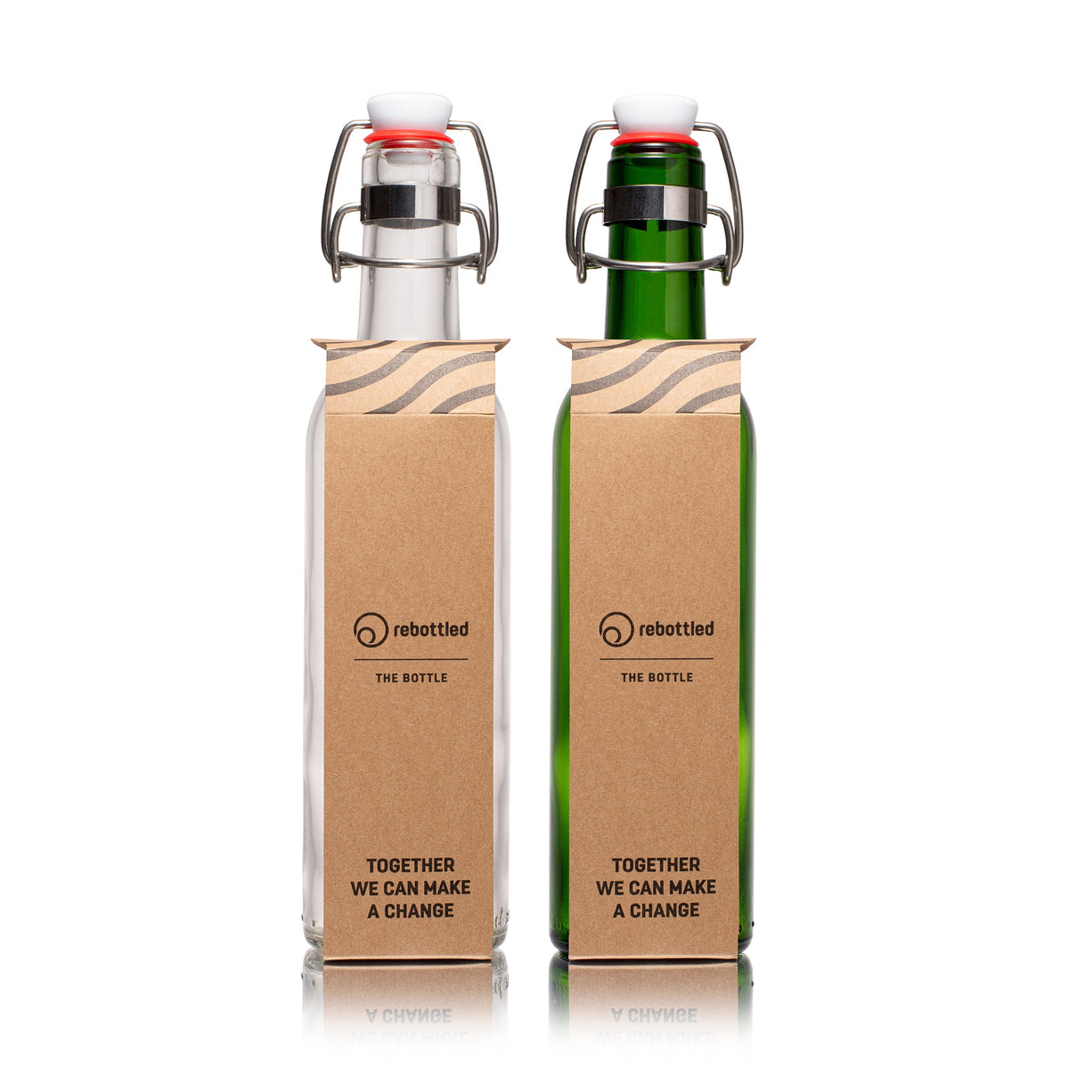 Twee waterflessen van Rebottled in hun kartonnen verpakking