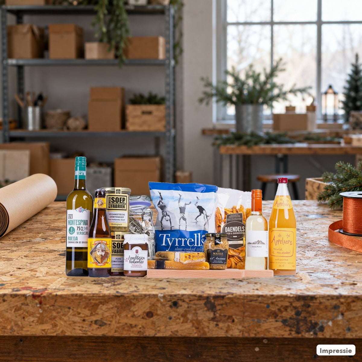 Bourgondisch Kerstpakket - L op een werkbank in de werkplaats (impressie)
