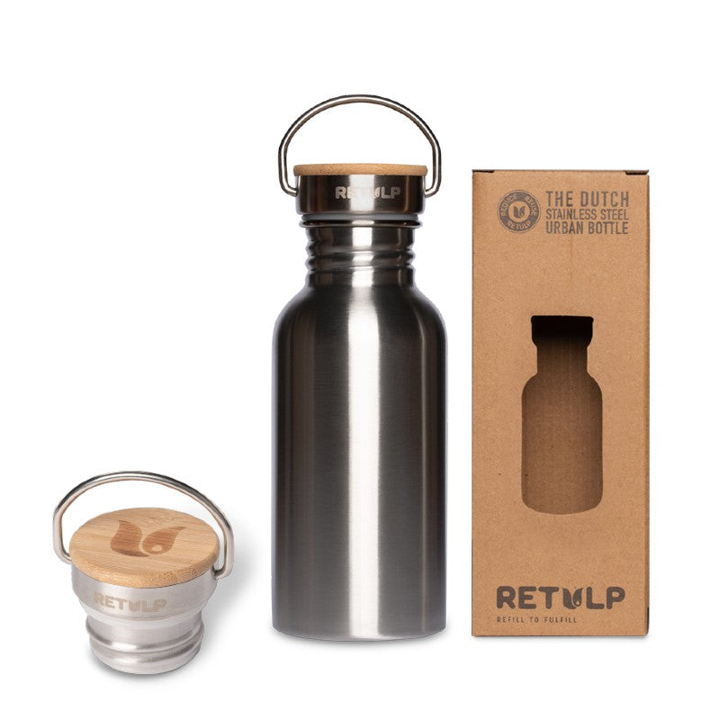 Drinkfles Urban van 500 ml in staal met de dop en de doos van Retulp