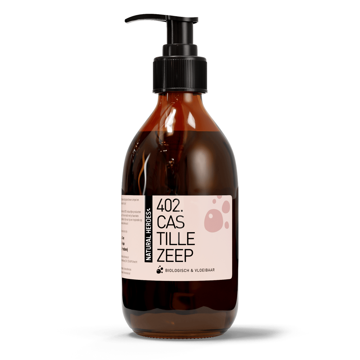 Biologische vloeibare castillezeep van Natural Heroes, bruine fles met pomp van 300 ml