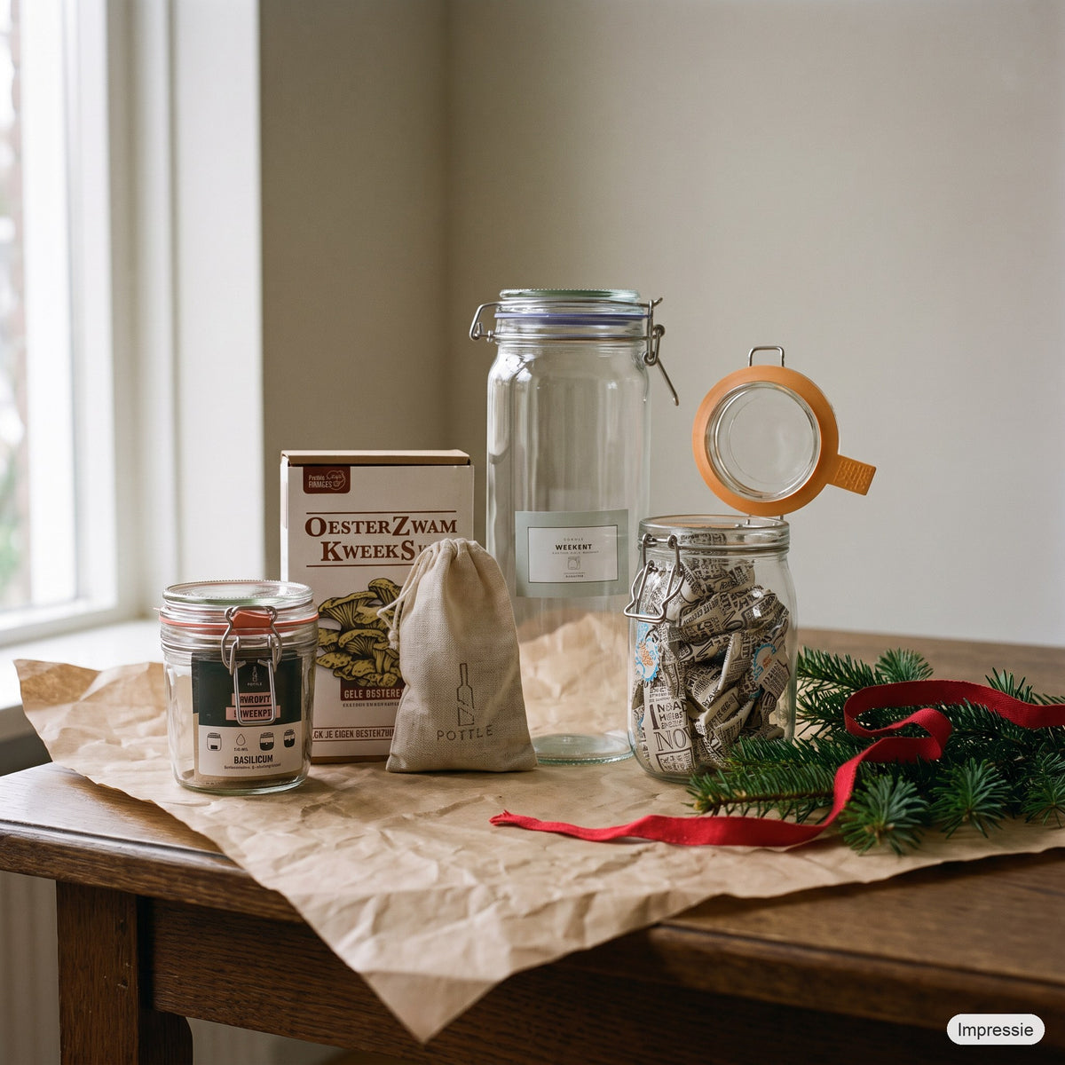 Circulair Kerstpakket - M op een houten tafel met kraftpapier, dennentakken en een rood lint (impressie)