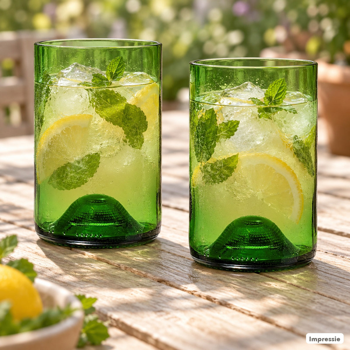 Rebottled - Drinkglazen van gebruikte wijnflessen (2-pack) - Flessengroen in gebruik (impressie)
