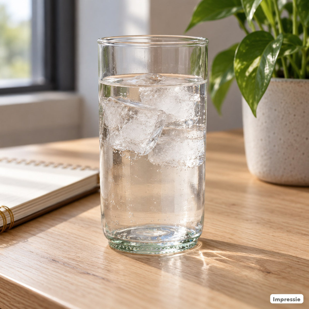 Rebottled - Drinkglas van een gebruikte wijnfles (curve, hoog) - Transparant in gebruik (impressie)