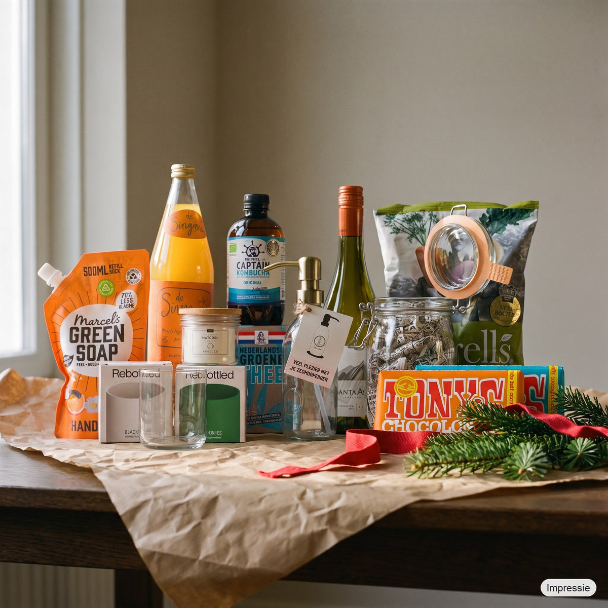 Classic Kerstpakket - L op een houten tafel met kraftpapier, dennentakken en een rood lint (impressie)
