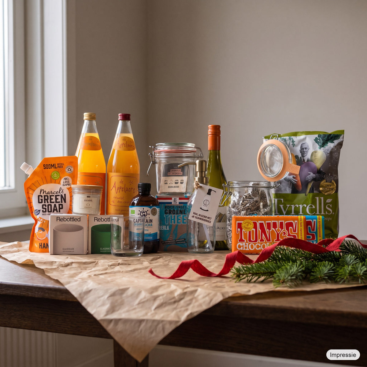 Classic Kerstpakket - XL op een houten tafel met kraftpapier, dennentakken en een rood lint (impressie)