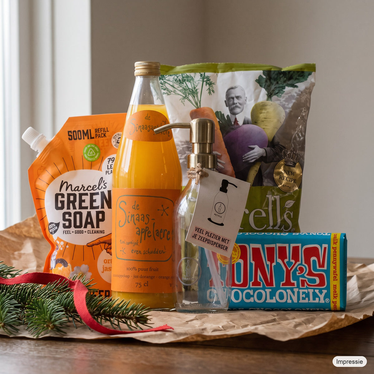 Classic Kerstpakket - XS op een houten tafel met kraftpapier, dennentakken en een rood lint (impressie)