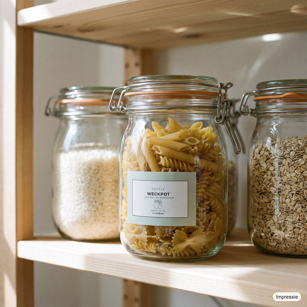 Geredde weckpot (1140 ml), gevuld met pasta in de keukenkast (impressie)