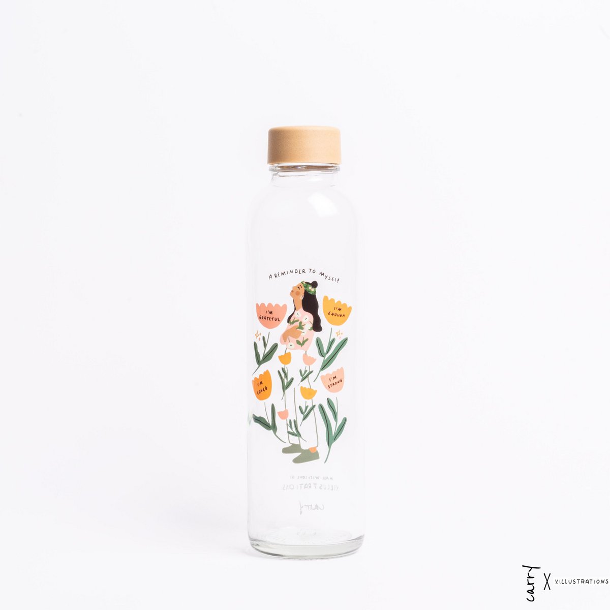 Glazen drinkfles Reminder to Myself van 0,7 liter met een vrouw tussen bloemen