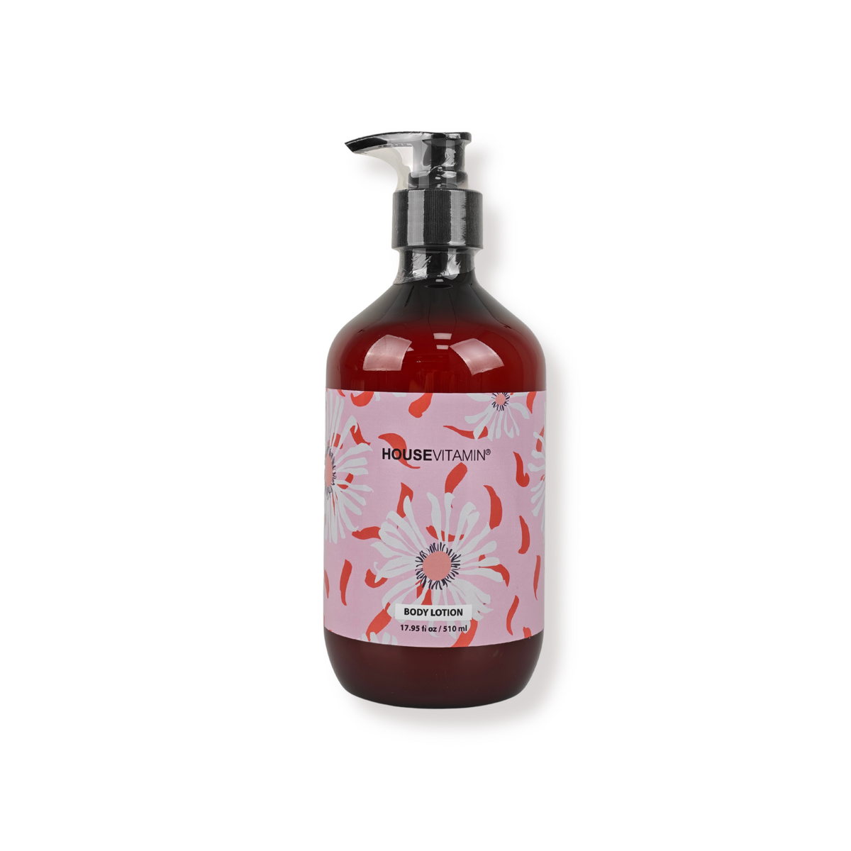 Vegan bodylotion Pioenroos van Housevitamin, bruine pompfles van 510 ml met roze etiket vol bloemblaadjes