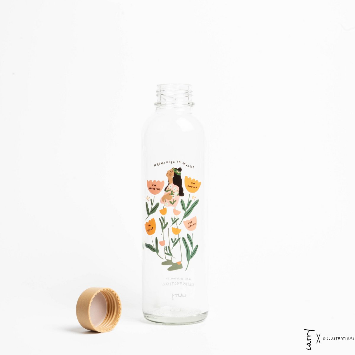 Drinkfles Reminder to Myself, open, met de dop ernaast