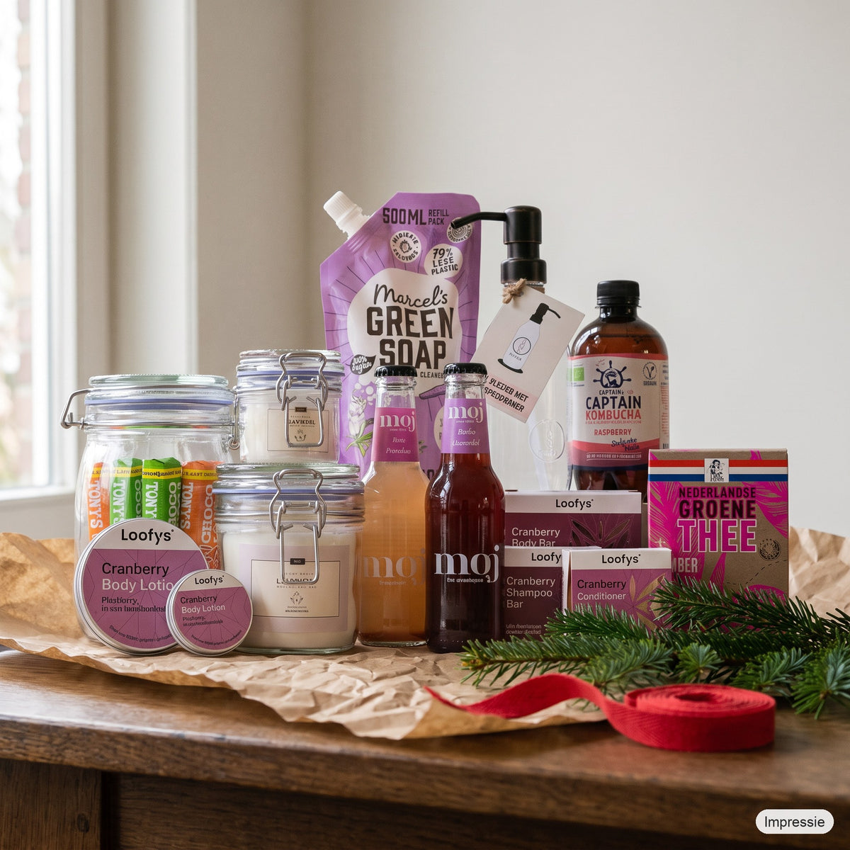 Feel Good Kerstpakket - L - Paars op een houten tafel met kraftpapier, dennentakken en een rood lint (impressie)