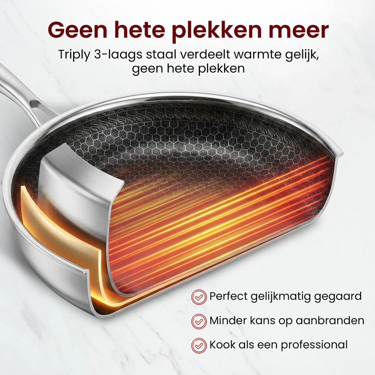 Doorsnede van de bodem van drie lagen staal die de warmte verdeelt