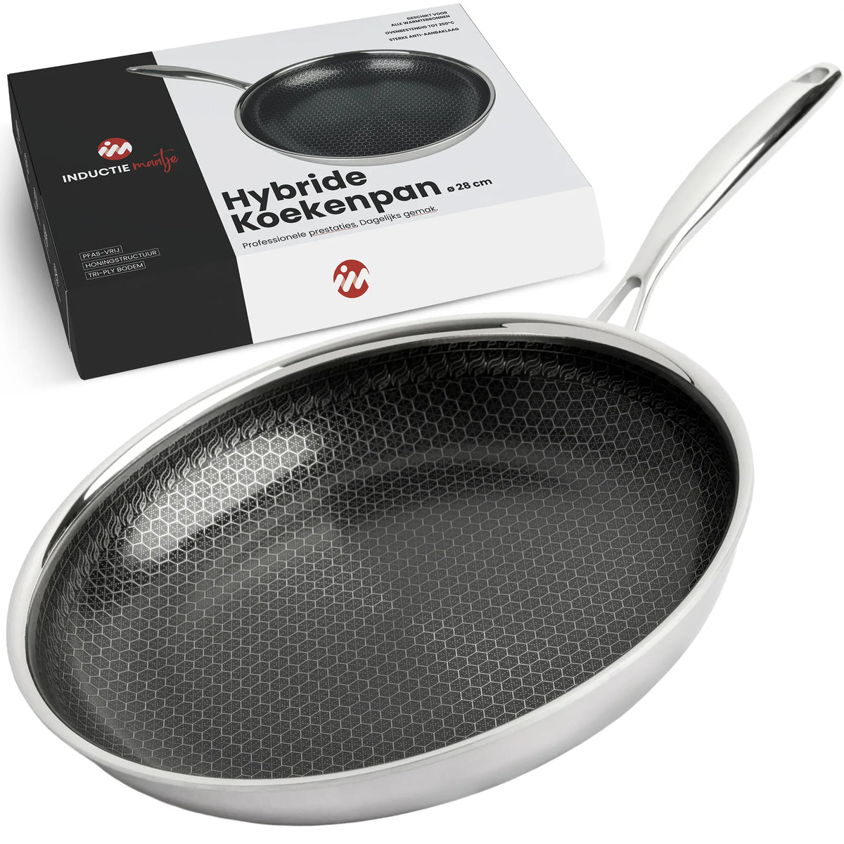 Hybride koekenpan van rvs, 28 cm, met de verpakking van Inductie Maatje