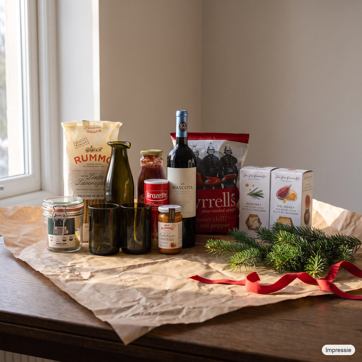Italiaans Kerstpakket - L op een houten tafel met kraftpapier, dennentakken en een rood lint (impressie)