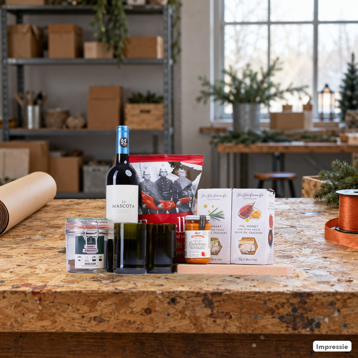 Italiaans Kerstpakket - M op een werkbank in de werkplaats (impressie)