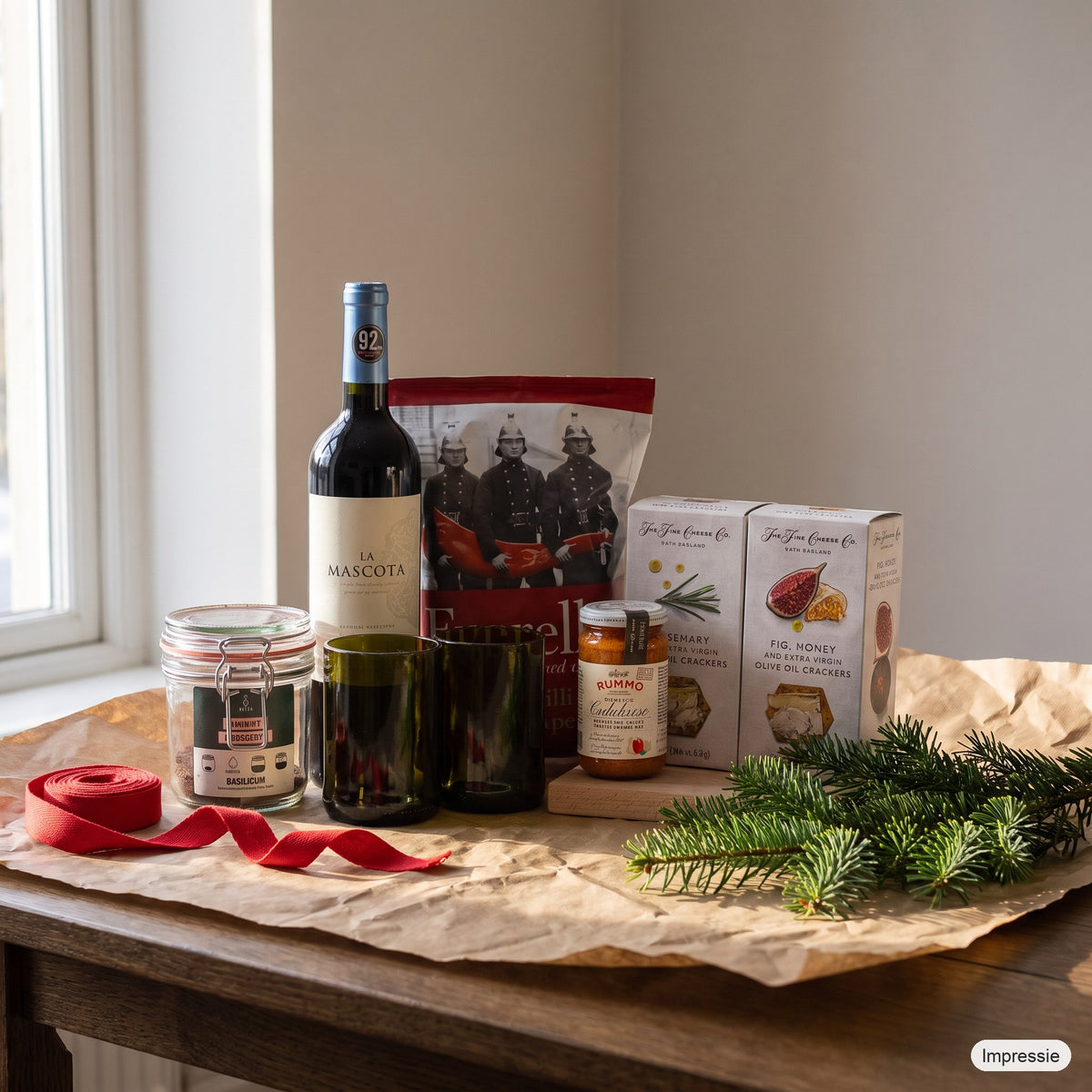 Italiaans Kerstpakket - M op een houten tafel met kraftpapier, dennentakken en een rood lint (impressie)