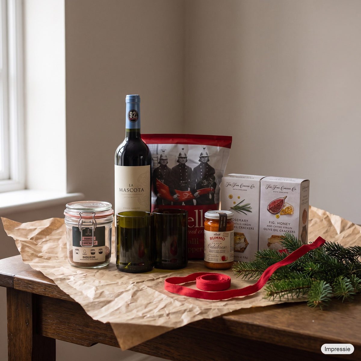 Italiaans Kerstpakket - S op een houten tafel met kraftpapier, dennentakken en een rood lint (impressie)