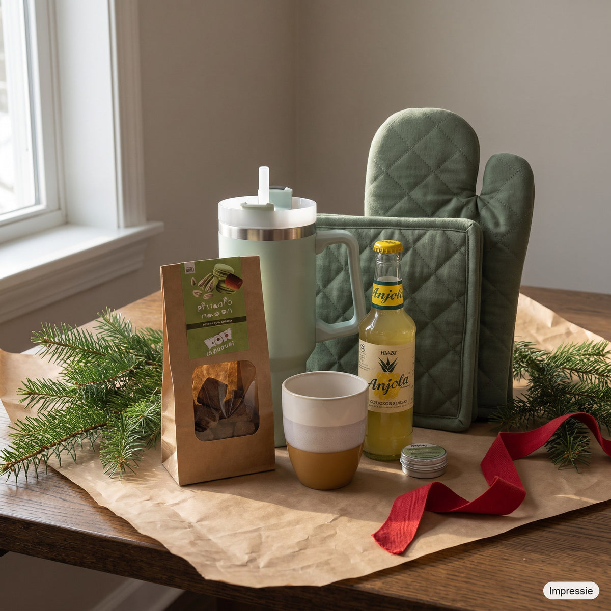 Kerstpakket - Groen en goed op een houten tafel met kraftpapier, dennentakken en een rood lint (impressie)