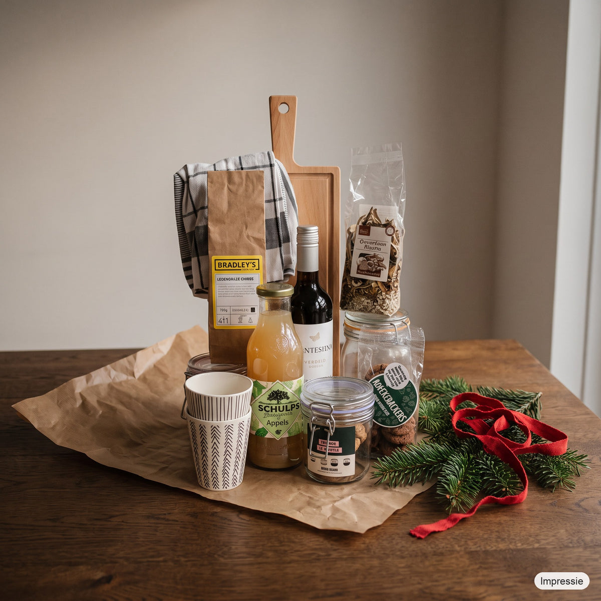 Kerstpakket - Kerst kok op een houten tafel met kraftpapier, dennentakken en een rood lint (impressie)