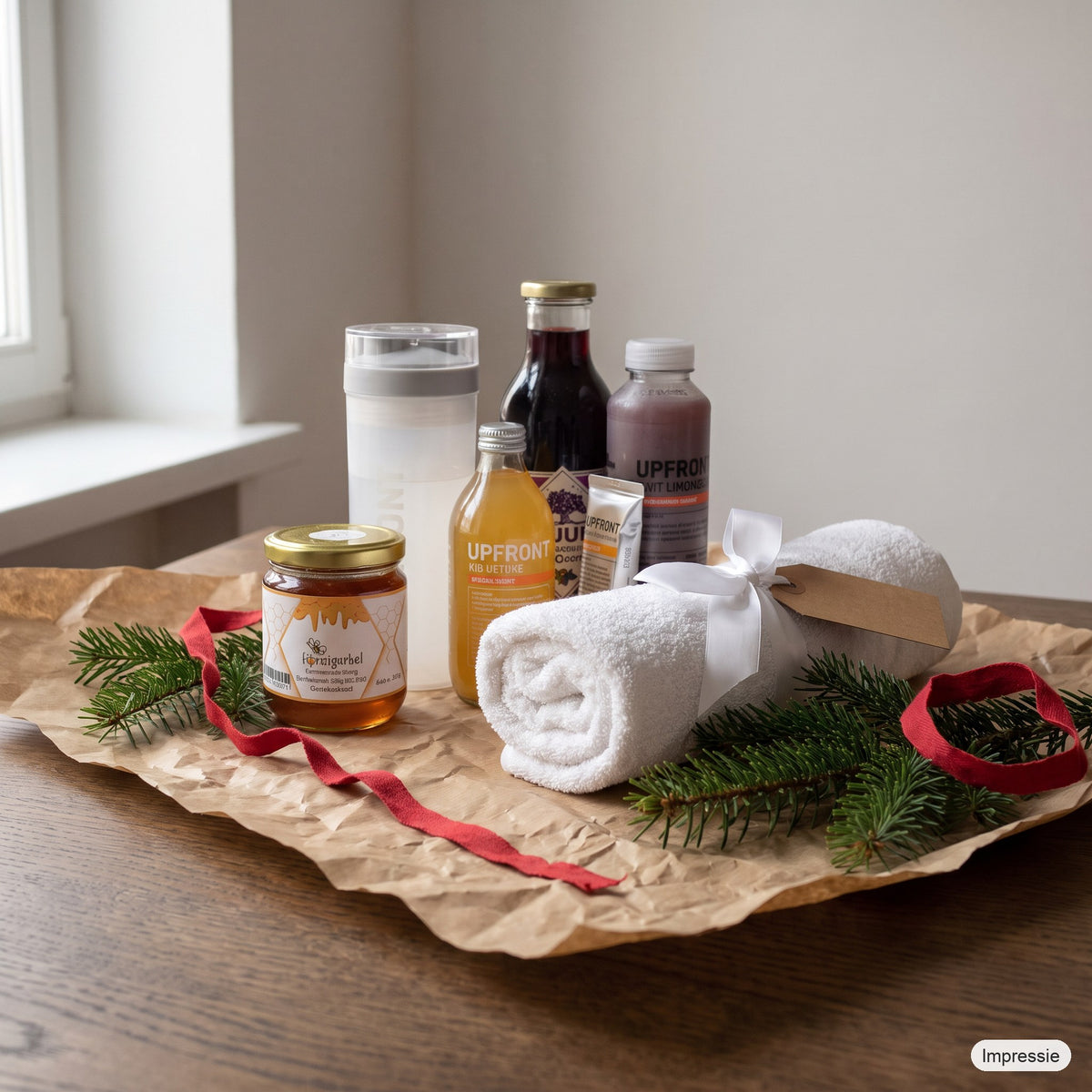 Kerstpakket - Sportieve kerst op een houten tafel met kraftpapier, dennentakken en een rood lint (impressie)