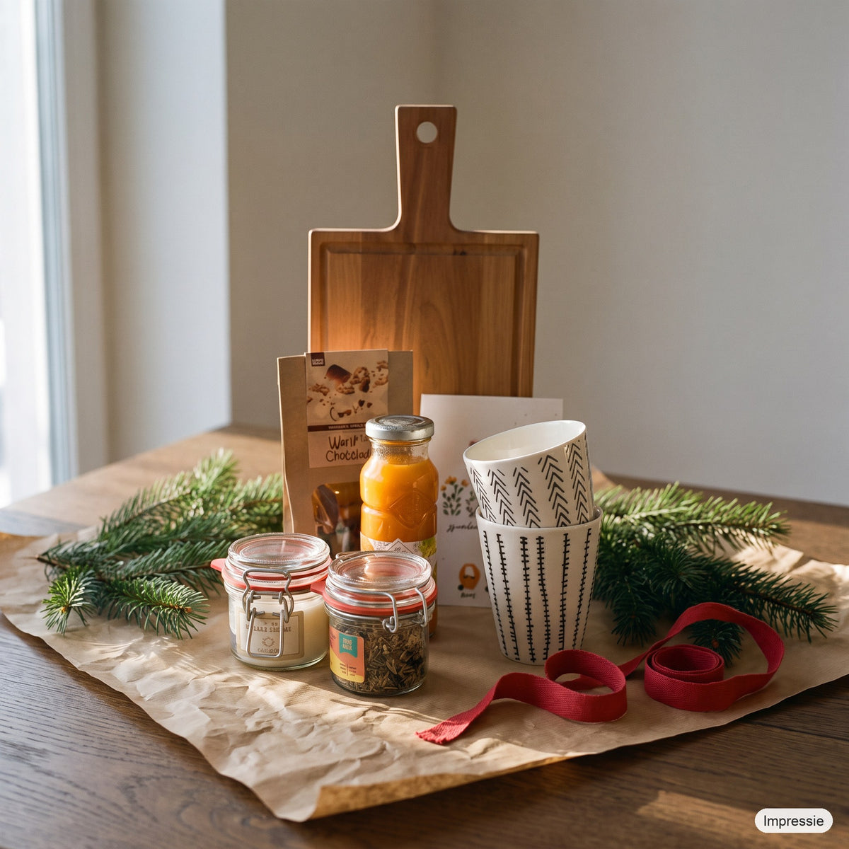 Kerstpakket - Warm kerstgevoel op een houten tafel met kraftpapier, dennentakken en een rood lint (impressie)