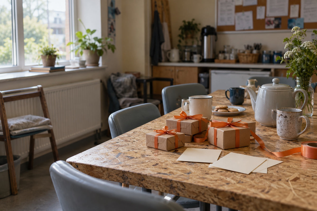 Cadeaudoosjes met oranje lint, thee en kaartjes op een tafel in een personeelsruimte