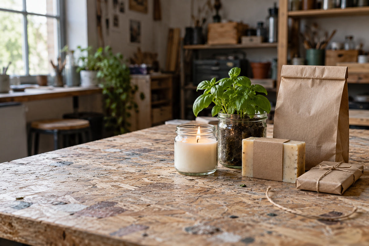Kleine cadeaus op een werktafel: een kaarsje, basilicum in een weckpot, zeep, koffie en chocolade