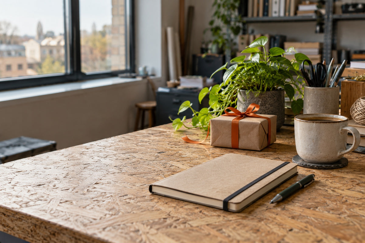 Een notitieboek, koffie, een plantje en een cadeautje met oranje lint op een bureau