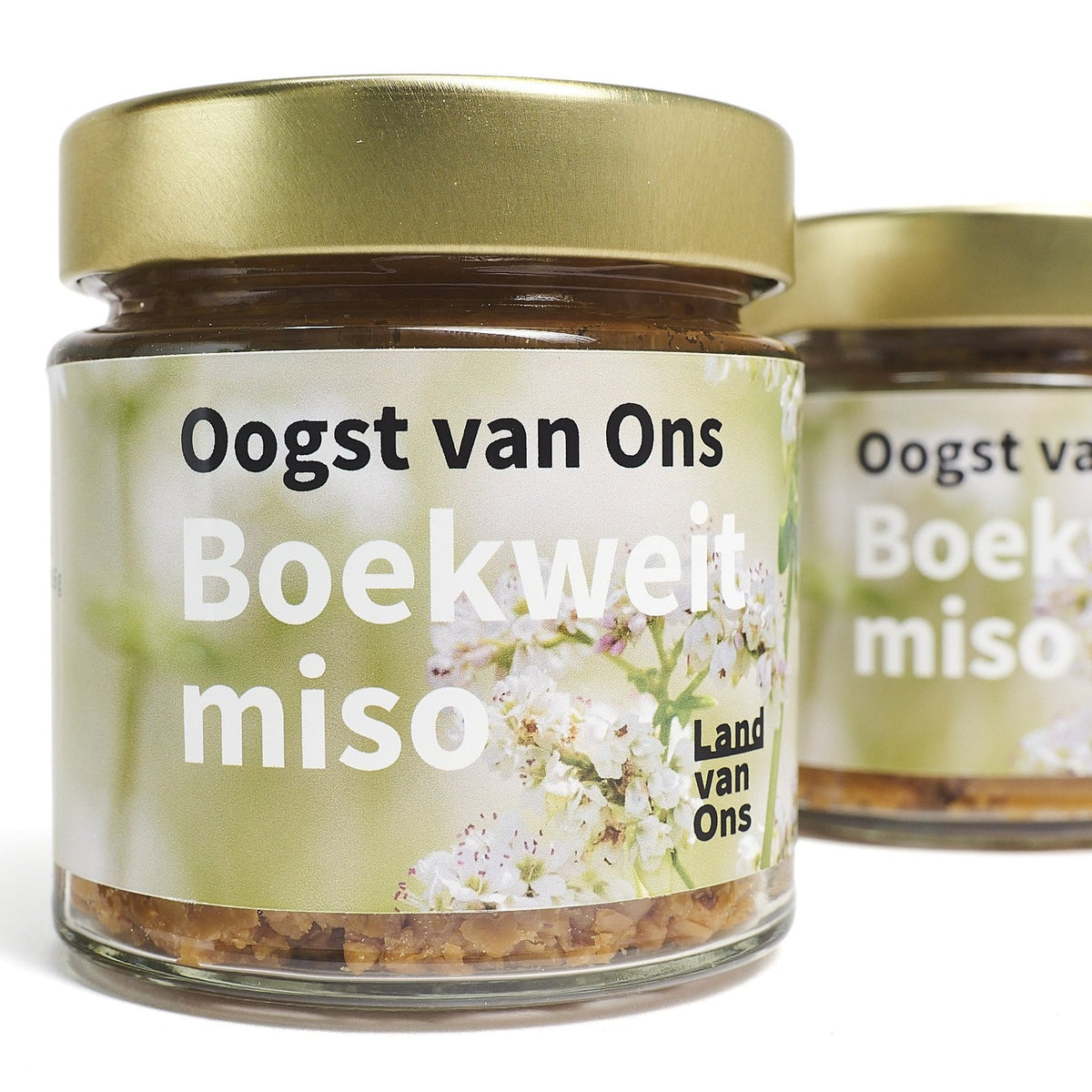Twee potten boekweitmiso van Land van Ons