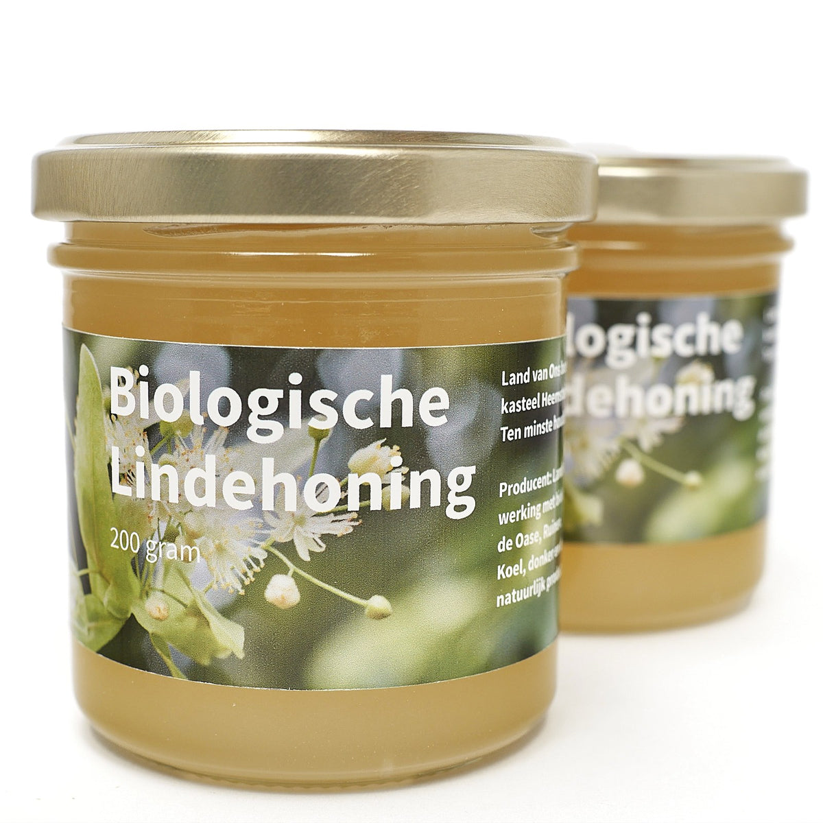 Twee potten biologische lindehoning van Land van Ons