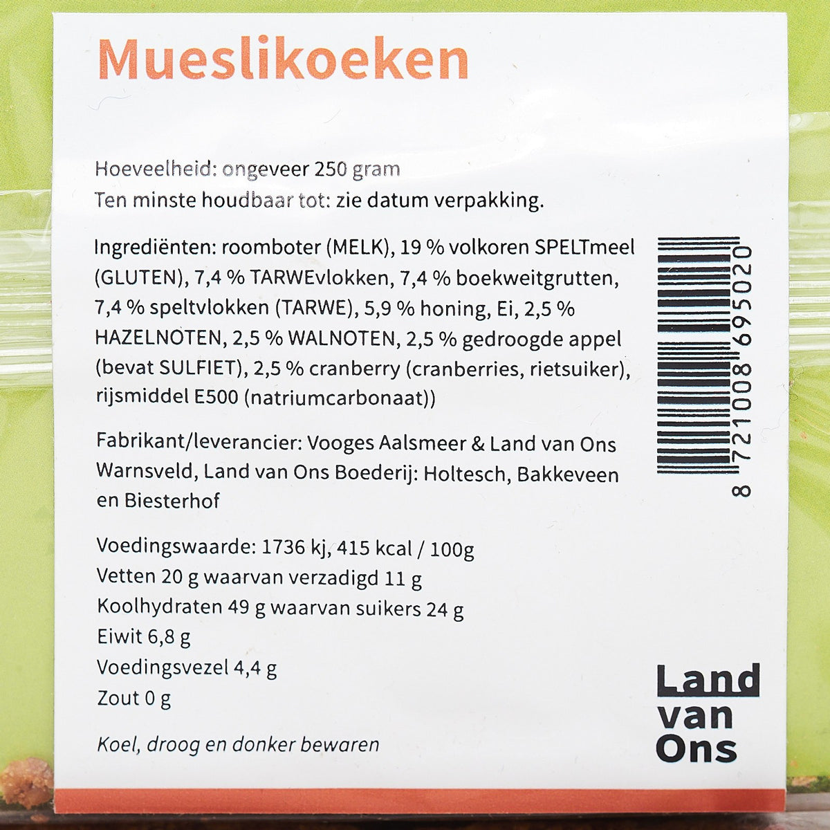 Etiket van de mueslikoeken met ingrediënten en allergenen