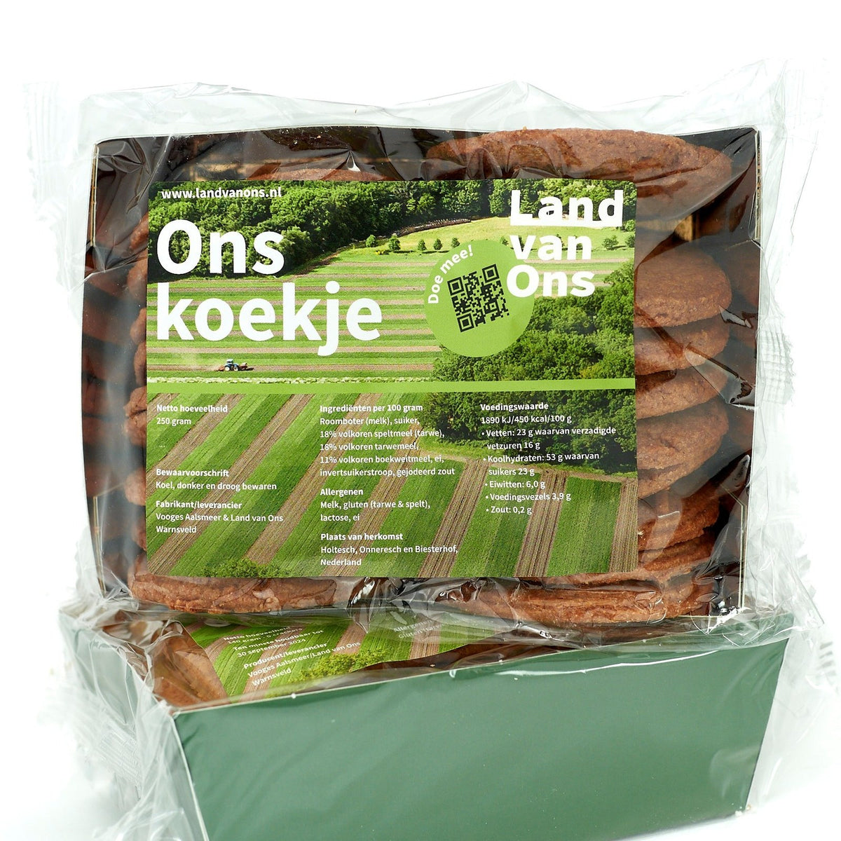 Verpakking Ons koekje van Land van Ons met een foto van akkers op het etiket