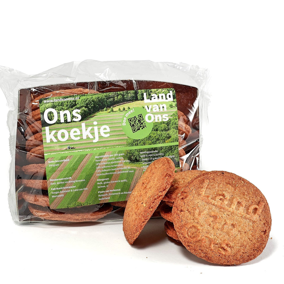 Ons koekje van Land van Ons met de naam in het koekje gedrukt, naast de verpakking