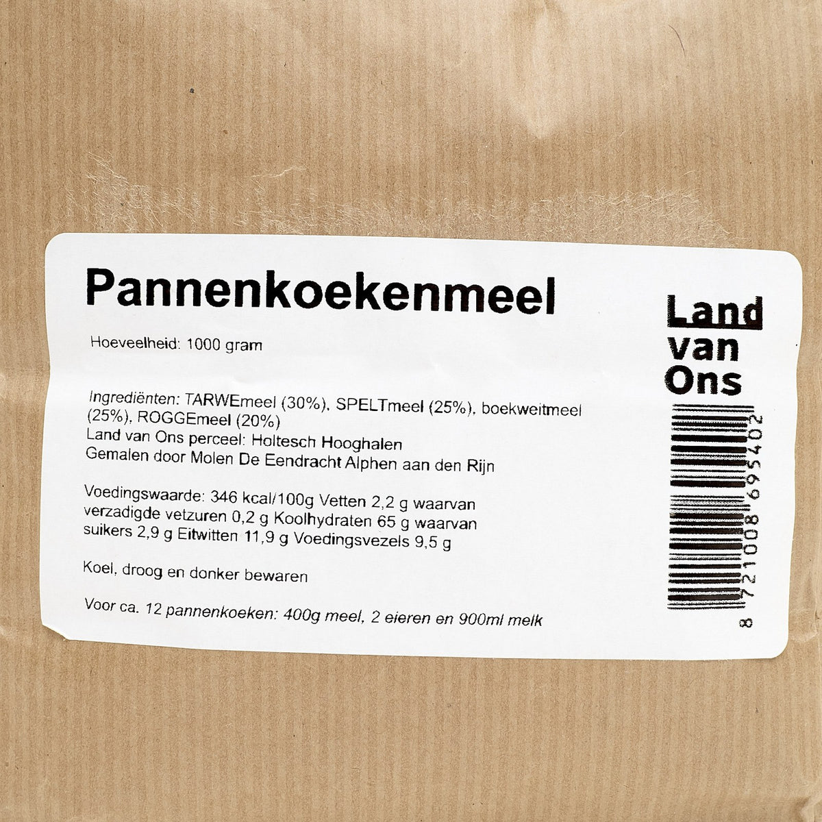 Etiket van het pannenkoekenmeel met ingrediënten en herkomst