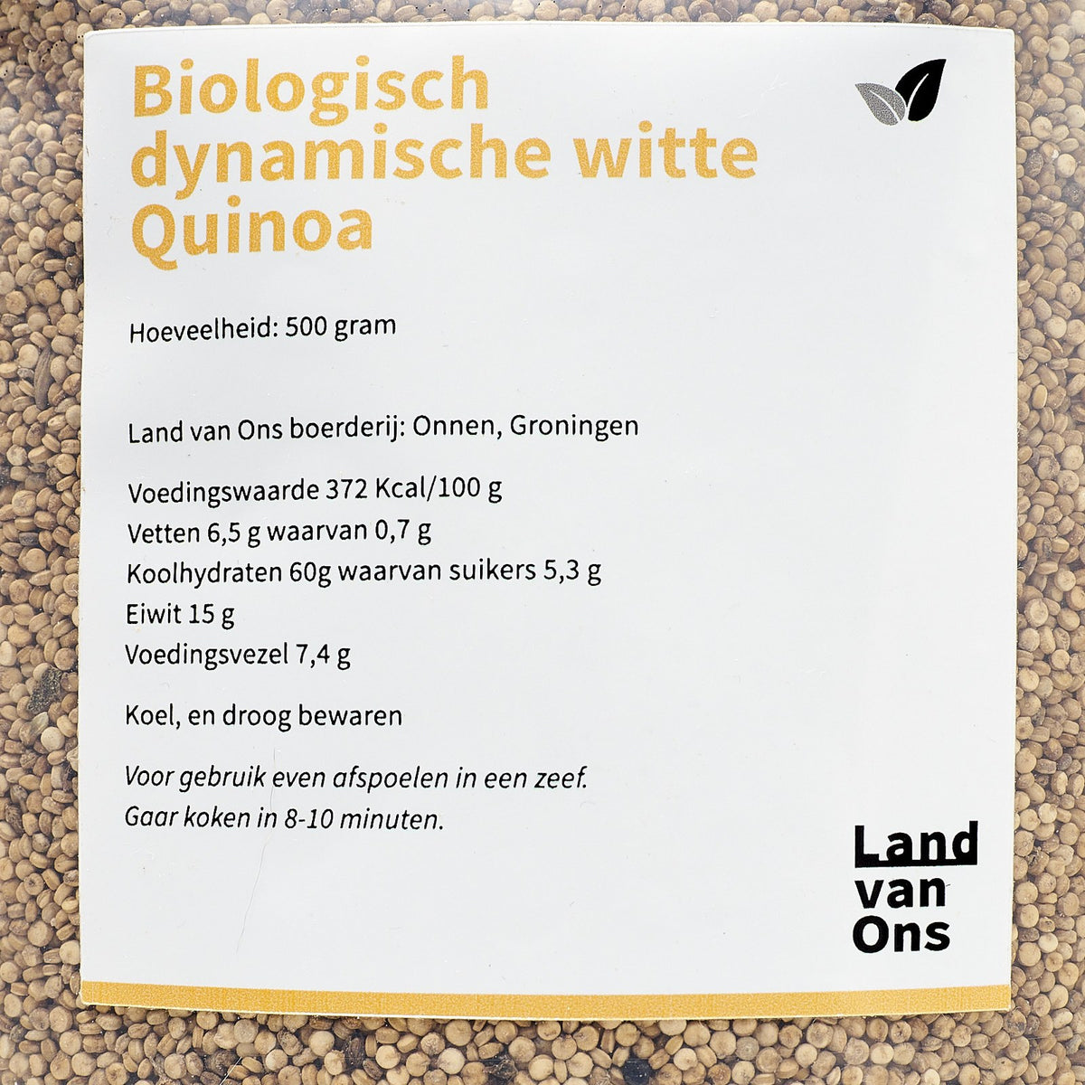 Etiket van de witte quinoa met voedingswaarde en kookadvies